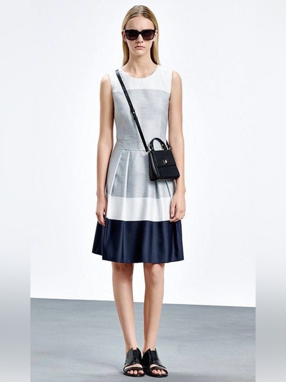 NWT HUGO BOSS Hinawa Satin Colorblock Pleated Sleeveless Dress Grey 8 MSRP $545